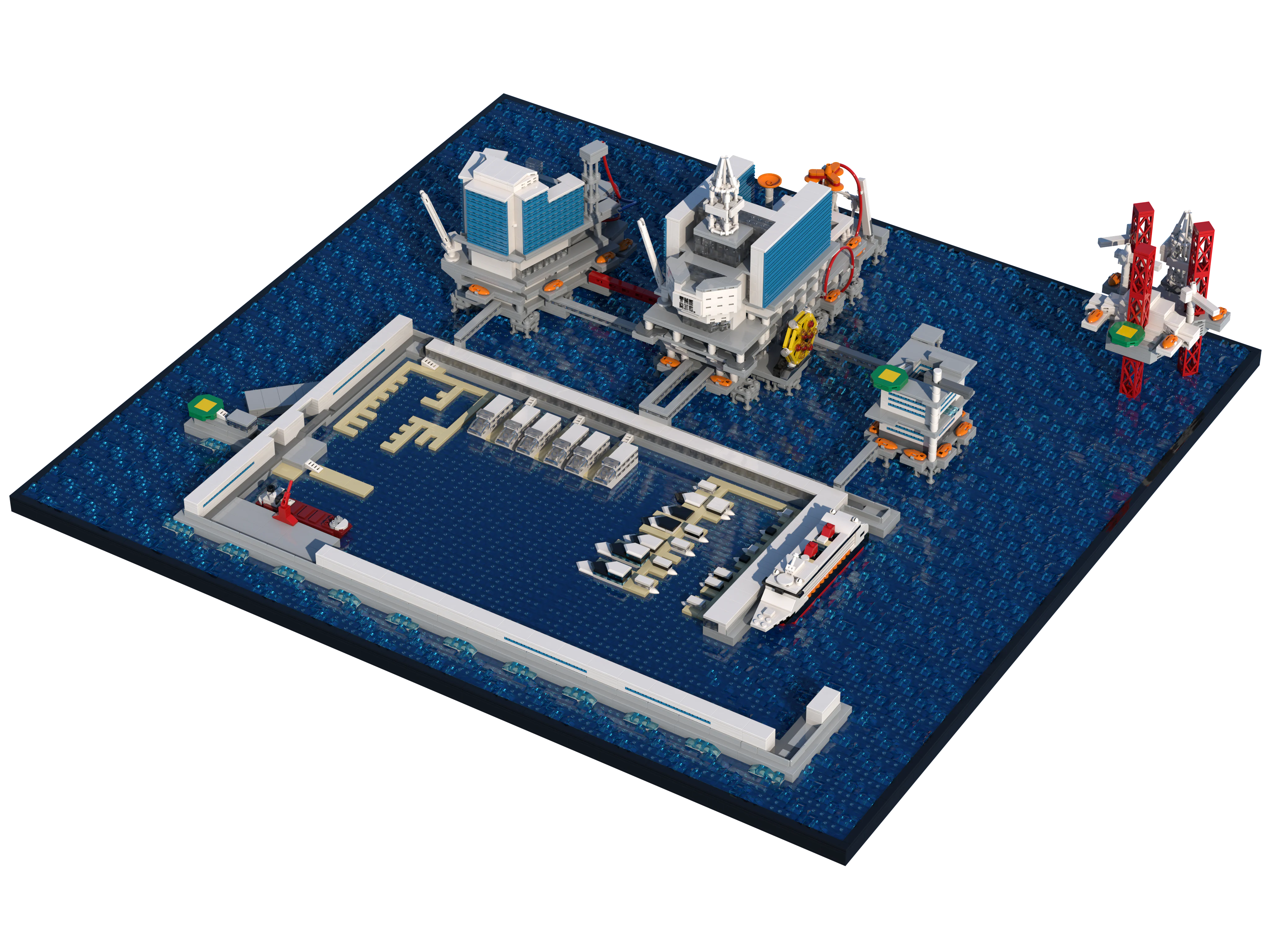 LEGO model of The Rig: offshore platforms turned into an amusement park, with marina, cruise ship and jack-up rig